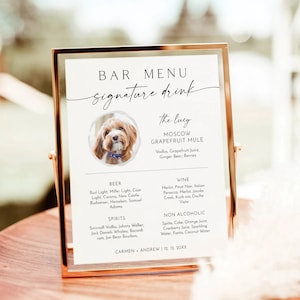 Znak na drinka z podpisem psa, znak na koktajl z podpisem zwierzaka, minimalistyczny znak na bar weselny, znak na koktajl z podpisem psa, szablon edytowalny, menu baru
