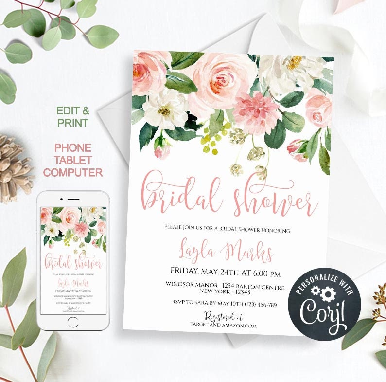 Pink Gold Bridal Shower Invitation Printable 100 Editable Etsy