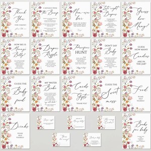 K&ouml;nnte beinhalten: Ein Satz von 16 druckbaren Babyparty-Spielkarten mit floralen Designs in Rosa-, Lila- und Gr&uuml;nt&ouml;nen. Die Karten beinhalten Spiele wie "Errate, wie viele Bonbons im Glas sind?" und "Wie gro&szlig; ist Mamas Bauch?"