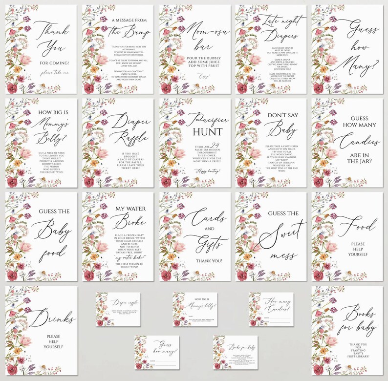 K&ouml;nnte beinhalten: Ein Satz von 16 druckbaren Babyparty-Spielkarten mit floralen Designs in Rosa-, Lila- und Gr&uuml;nt&ouml;nen. Die Karten beinhalten Spiele wie "Errate, wie viele Bonbons im Glas sind?" und "Wie gro&szlig; ist Mamas Bauch?"