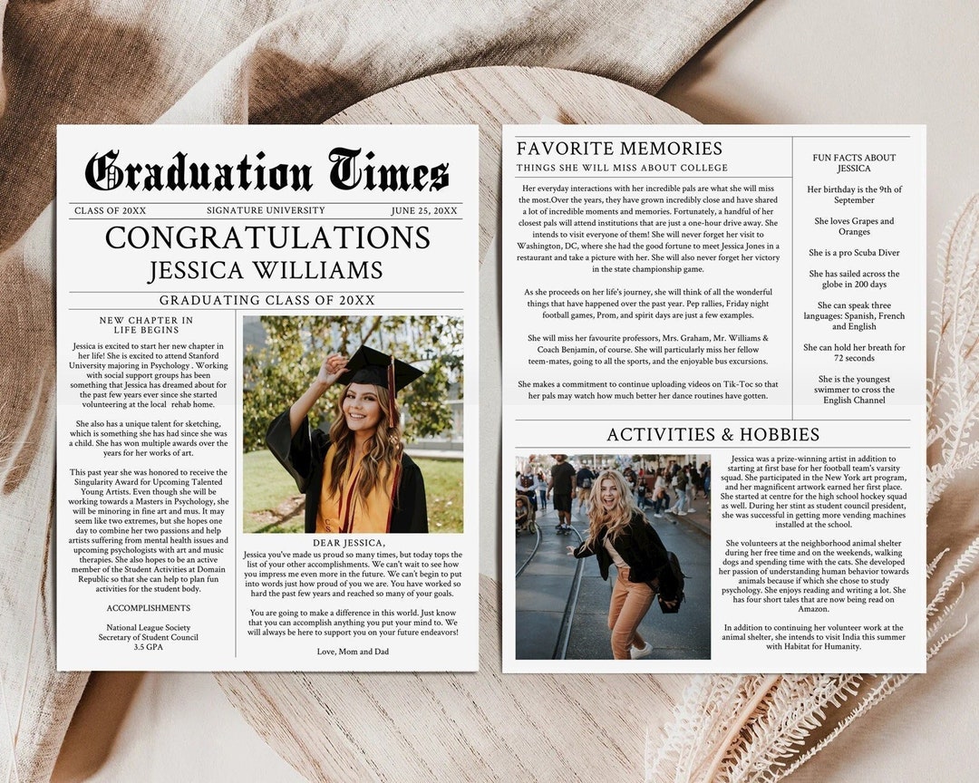 Graduate Printable Newspaper Keepsake Template, Graduation Gift for Her