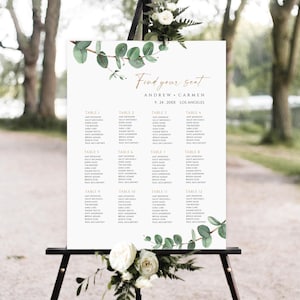 Plantilla clásica de tabla de asientos para bodas, letrero de plan de asientos para bodas con vegetación, tabla de asientos para bodas imprimible, descarga de tabla de asientos para bodas