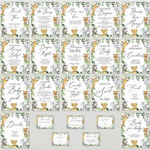 Op de afbeelding: Een set van 18 afdrukbare jungle baby shower-spelkaarten met een aquarel-illustratie van een tijger, zebra, giraffe en olifant. De kaarten hebben een groene en witte rand met een jungle-thema. De kaarten bevatten spellen zoals "Raad hoeveel snoepjes er in de pot zitten", "Raad het babyvoedsel", "Luierspel" en "Zeg niet baby".