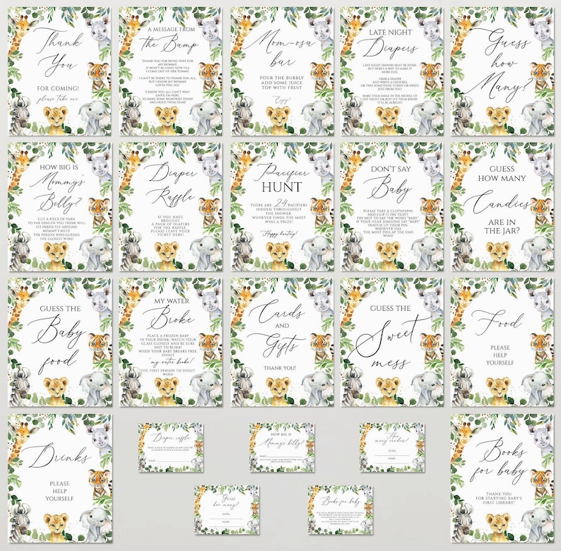 Op de afbeelding: Een set van 18 afdrukbare jungle baby shower-spelkaarten met een aquarel-illustratie van een tijger, zebra, giraffe en olifant. De kaarten hebben een groene en witte rand met een jungle-thema. De kaarten bevatten spellen zoals "Raad hoeveel snoepjes er in de pot zitten", "Raad het babyvoedsel", "Luierspel" en "Zeg niet baby".