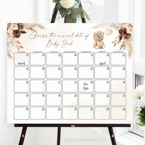 Boho Teddy Bear Baby Due Date Calendar,Guess Baby&#39;s Birth Date,Guess Baby Birthday Calendar,Guess Baby&#39;s Birthday,Due Date Game,Pampas Grass