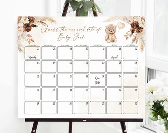 Boho teddybeer baby vervaldatum kalender, raad verjaardagsspel (bewerkbare sjabloon)