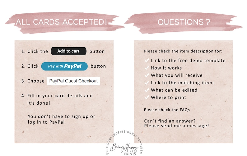 May include: A graphic with instructions on how to pay for a digital product using PayPal. The text reads "All cards accepted!" and includes a list of steps to complete the purchase. The graphic also includes a list of frequently asked questions about the product.