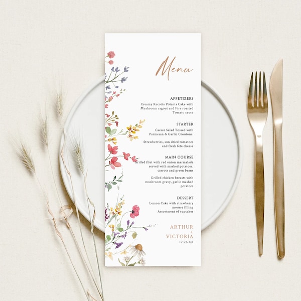 Wedding Menu Template, Minimalist Wedding Menu, Modern Wedding Menu, Printable Wedding Menu, Wildflower Menu Template Instant Download