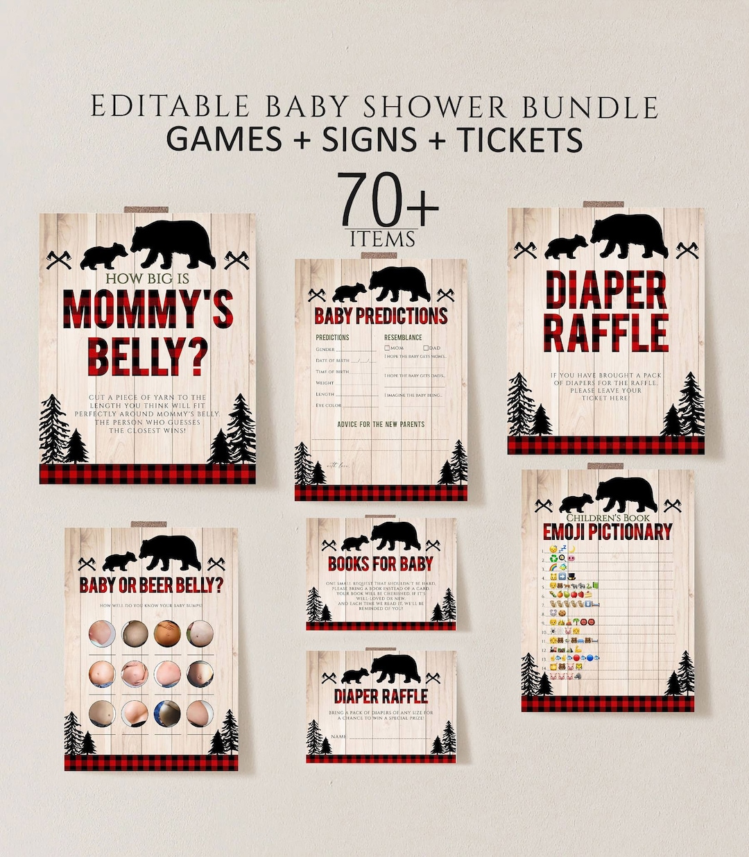 Lumberjack Baby Shower Games Bundle, Red and Black Buffalo Plaids Baby ...