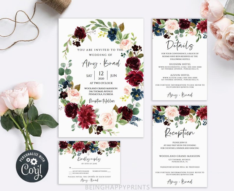 Marsala Wedding Invitation Set Printable Wedding Invitation | Etsy