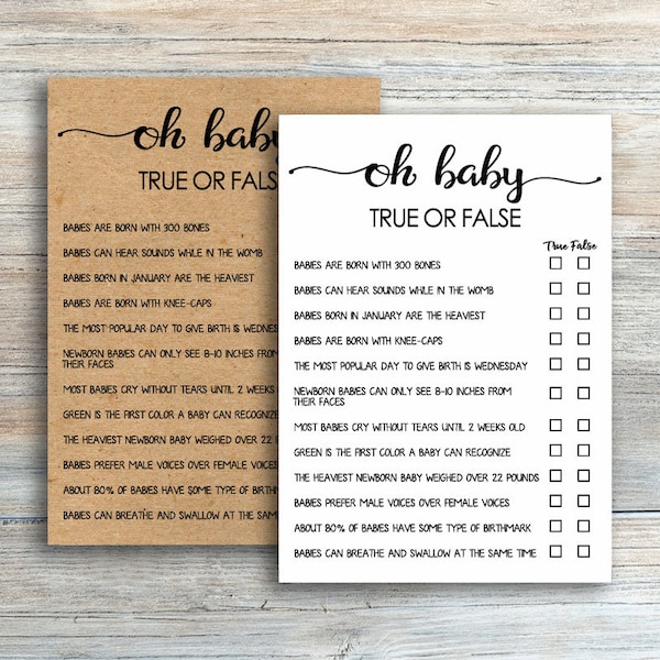 True or False Baby Shower Games, Oh Baby True or False Game, Rustic Baby Shower Games Printable, Gender Neutral Shower Game Cards oq329