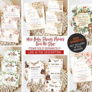 May include: A collage of printable baby shower invitations with various themes, including woodland creatures, hot air balloons, and a magical theme. The invitations are decorated with watercolor illustrations and gold accents. The text on the invitations includes "Baby Shower", "We are Burly Wait", "A Magical Bundle is on the way", and "Sweet Baby Girl".