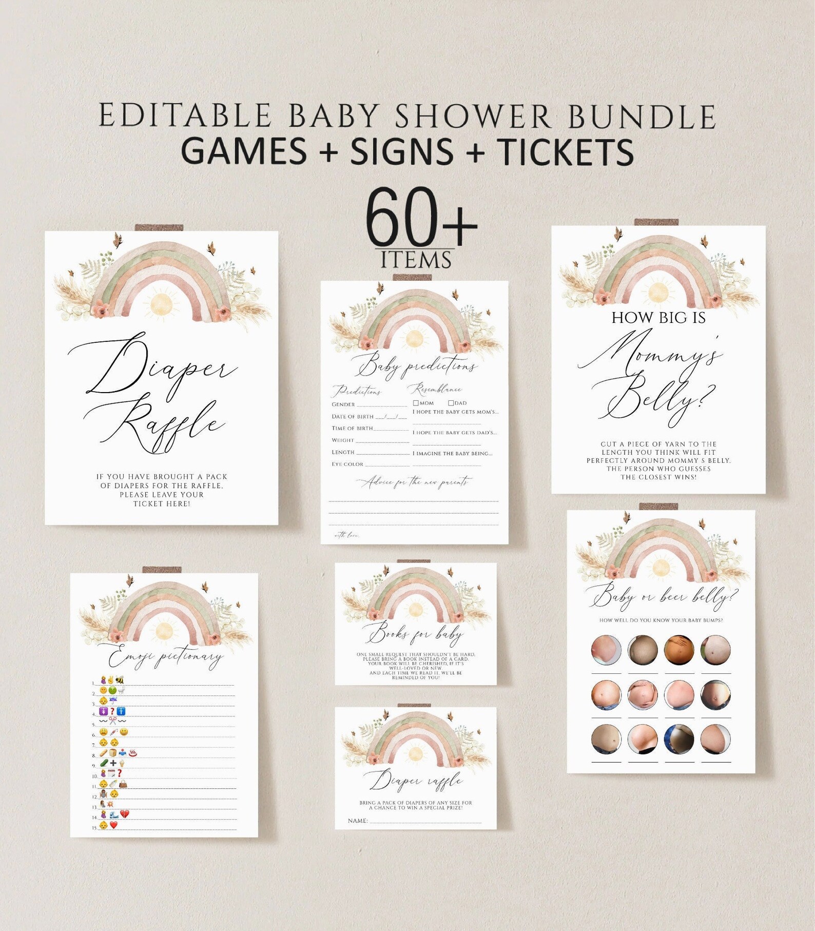 Boho Rainbow Baby Shower Games Bundle, Editable Printable (digital ...