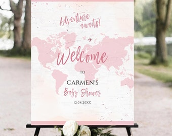 Könnte beinhalten: Rosa-weißes Willkommens-Schild für eine Babyparty mit einem Weltkartenhintergrund und dem Text "Abenteuer wartet! Willkommen zur Babyparty von Carmen 12.04.20XX".