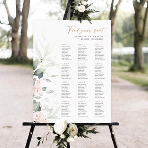Groen bruiloft zitplaatsen grafiek sjabloon, bewerkbare zitplaatsen grafiek, afdrukbare zitplaatsen plan, bloemen bruiloft zitplaatsen grafiek, groen zitplaatsen plan