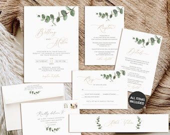 Greenery Wedding Invitation Suite, Printable Wedding Invitation template, Eucalyptus Invite, Instant Download, Wedding Invitation set