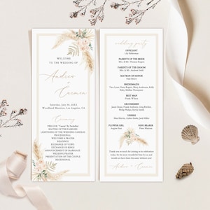 Minimalistische Hochzeit Programm Vorlage, Boho Hochzeit Programm, Pampas Gras Hochzeit Programm, druckbare Hochzeit Programm Download, modernes Programm
