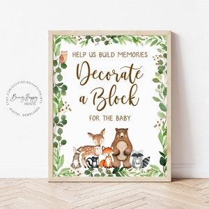 Decora un blocco Segno stampabile Woodland Baby Shower Aiutaci a costruire ricordi Decora un blocco per il Baby Forest Baby Shower Sign uj193