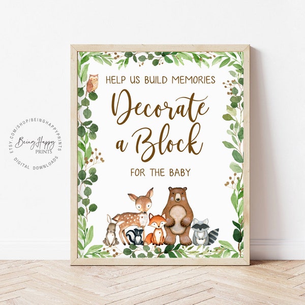 Decorate a Block Sign Printable Woodland Baby Shower Help us Build Memories Decorate a Block For The Baby Forest Baby Shower Sign uj193