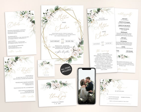 Bohemian Wedding Suite Instant Download Boho Watercolor Eucalyptus Wedding Invite Template REESE Geometric Greenery Wedding Invitation