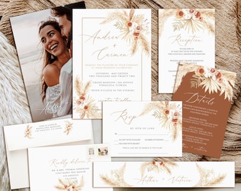 Pampas Grass Wedding Invitation Template, Suite de faire-part de mariage imprimable, Photo Wedding Invite, Boho wedding invitation set download