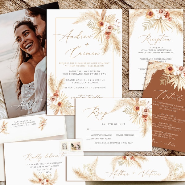 Pampas Grass Wedding Invitation Template, Printable Wedding Invitation Suite, Photo Wedding Invite, Boho wedding invitation set download