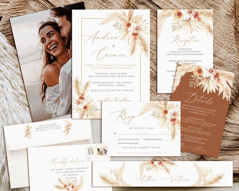 Pampas Grass Wedding Invitation Template, Printable Wedding Invitation Suite, Photo Wedding Invite, Boho wedding invitation set download image 1