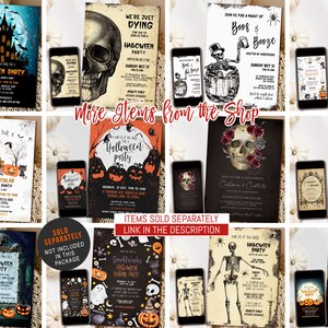May include: A collection of Halloween party invitations with various designs, including haunted houses, skulls, skeletons, and pumpkins. Each invitation is displayed next to a smartphone, showcasing the design. The text includes phrases like "Halloween Party" and "Costumes & Cocktails."