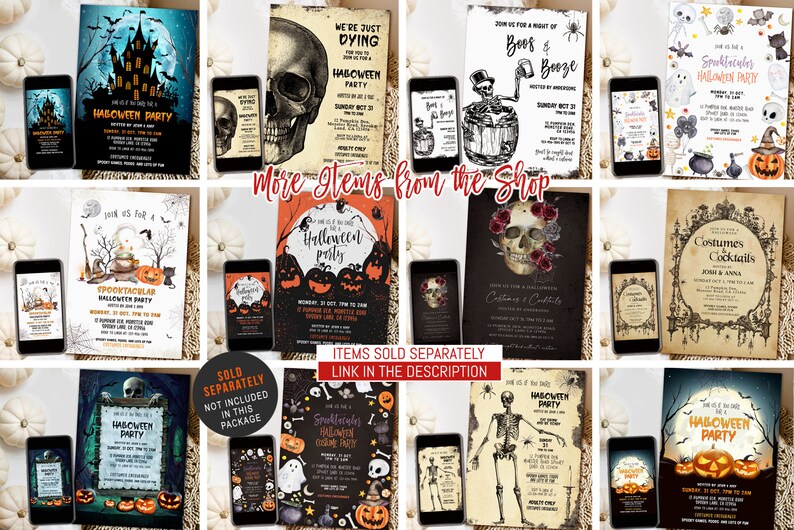 May include: A collection of Halloween party invitations with various designs, including haunted houses, skulls, skeletons, and pumpkins. Each invitation is displayed next to a smartphone, showcasing the design. The text includes phrases like "Halloween Party" and "Costumes & Cocktails."
