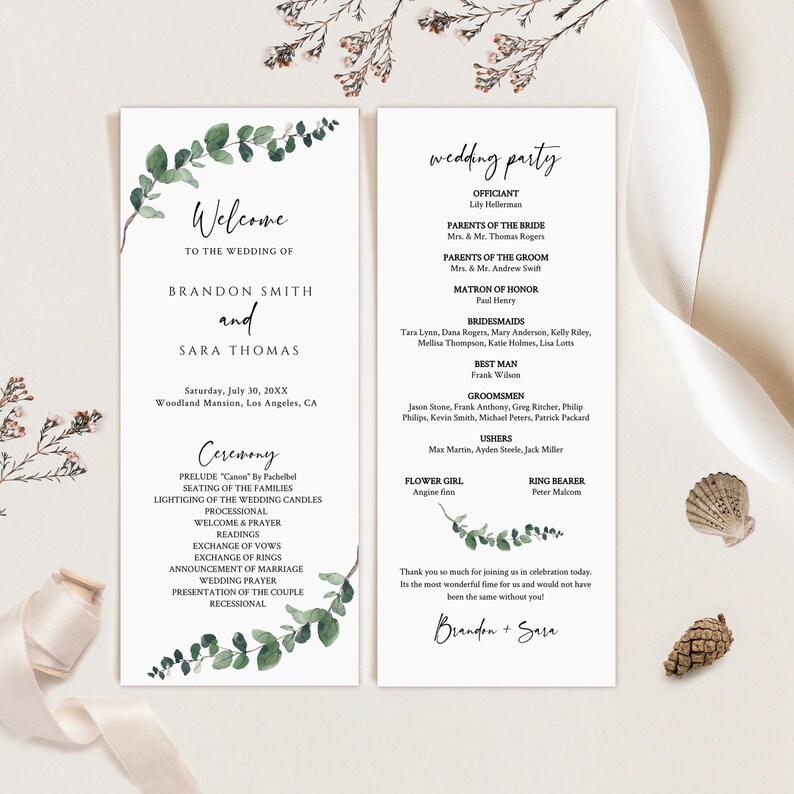 Minimalist Wedding Program Template, Greenery Wedding Program, Modern Wedding ceremony Program, Printable wedding program download, Boho image 1