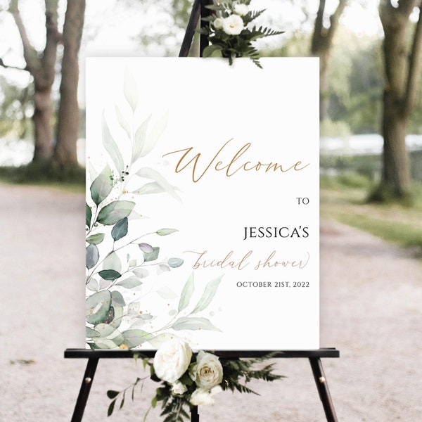 Bridal Shower Welcome Sign Template, Greenery bridal shower welcome sign, Boho Bridal Shower Welcome Poster, Green Leaves Bridal Shower Sign