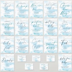 Pu&ograve; includere: Un set di 16 carte da gioco per baby shower con nuvole acquerellate blu e bianche. Le carte presentano diverse idee di gioco come "Indovina quanti dolci ci sono nel barattolo?" e "Quanto &egrave; grande la pancia della mamma?"