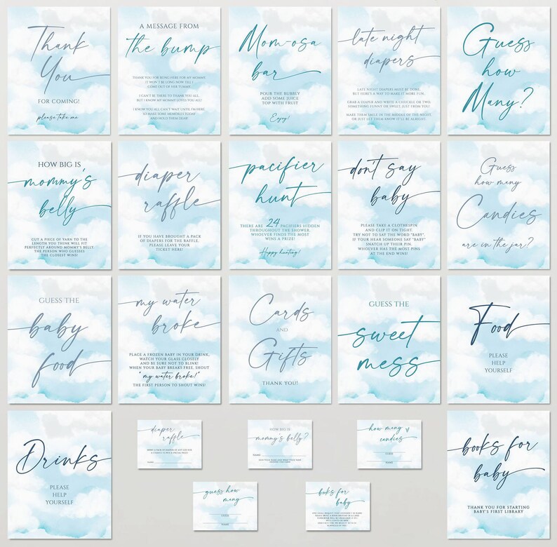 Pu&ograve; includere: Un set di 16 carte da gioco per baby shower con nuvole acquerellate blu e bianche. Le carte presentano diverse idee di gioco come "Indovina quanti dolci ci sono nel barattolo?" e "Quanto &egrave; grande la pancia della mamma?"