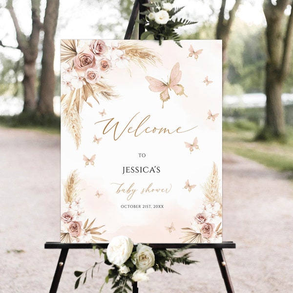 editable pink butterfly baby shower welcome sign template, boho pink pampas grass baby shower welcome sign, butterfly shower sign download