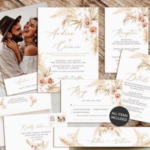 Pampasgras-Hochzeitseinladungsset, Boho-Hochzeitseinladungssuite, druckbare Hochzeitseinladungsvorlage, Foto-Hochzeitseinladung herunterladen