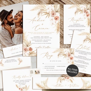 Pampas Grass Wedding Invitation Set, Boho Wedding invitation suite, printable wedding invitation template, Photo wedding invitation download