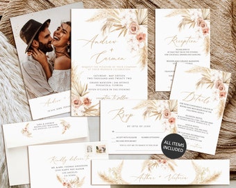 Pampas Grass Wedding Invitation Set, Boho Wedding invitation suite, printable wedding invitation template, Photo wedding invitation download