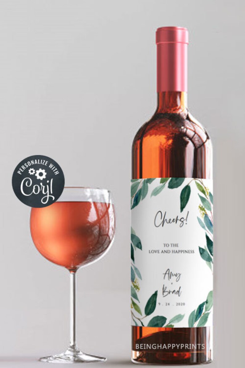 yv49 Wine bottle label Instant Download Beach Wedding Printable Greenery Leaves,Bridal Wedding Wine Bottle Label Wine Label Template