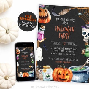 May include: A Halloween party invitation with watercolor illustrations of pumpkins, potions, a skull, and a witch's hat. The invitation text reads "Join us if you dare for a Halloween Party" with event details. A smartphone displays the same design.