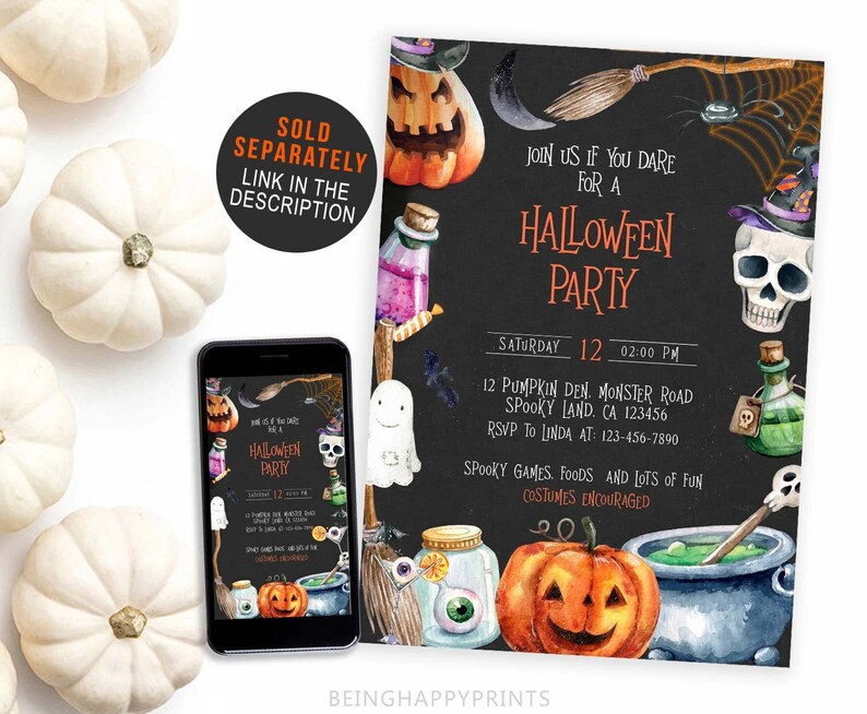 May include: A Halloween party invitation with watercolor illustrations of pumpkins, potions, a skull, and a witch's hat. The invitation text reads "Join us if you dare for a Halloween Party" with event details. A smartphone displays the same design.