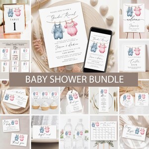 Baby Clothes Baby shower Invitation Bundle, Editable Boho gender reveal Baby Shower games download, Baby Shower Invite,Welcome Sign Template