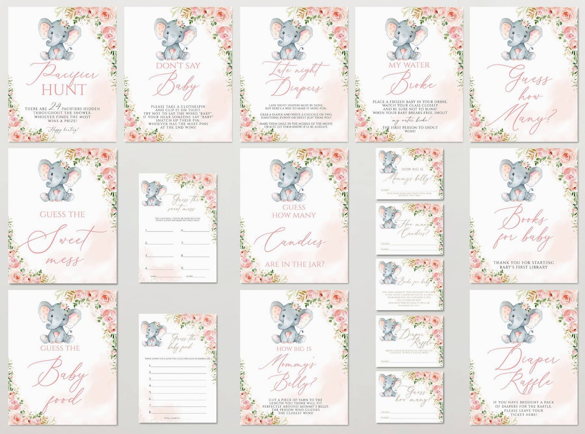 Elephant Baby Shower Games Printable Game Bundle Pink Elephant - Etsy