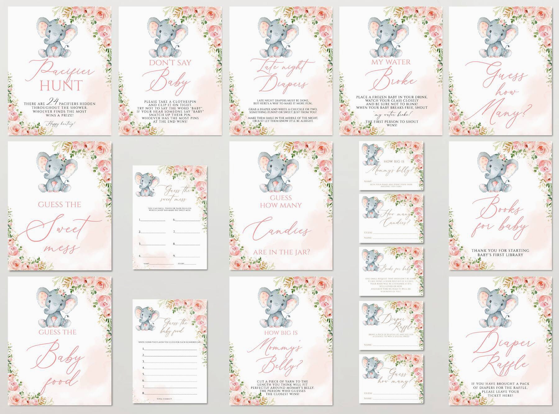 Elephant Baby Shower Games Printable Game Bundle Pink Elephant - Etsy
