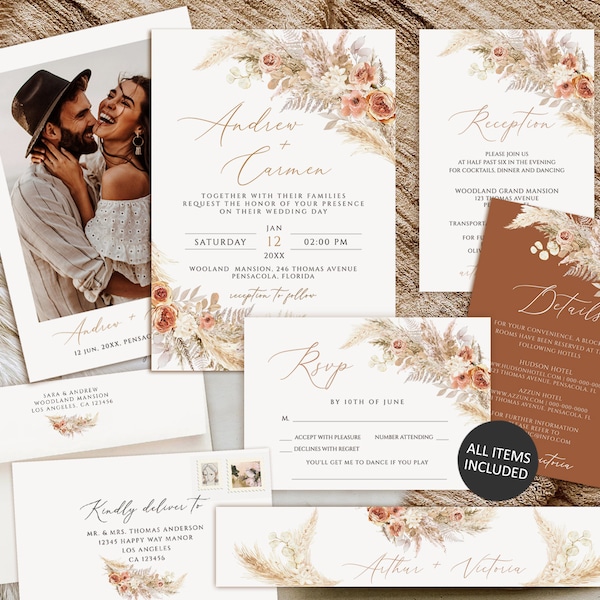 Boho Wedding Invitation Template, Pampas grass Wedding Invitation set, Modern Wedding Invite, Photo Wedding Invitation,  boho wedding suite