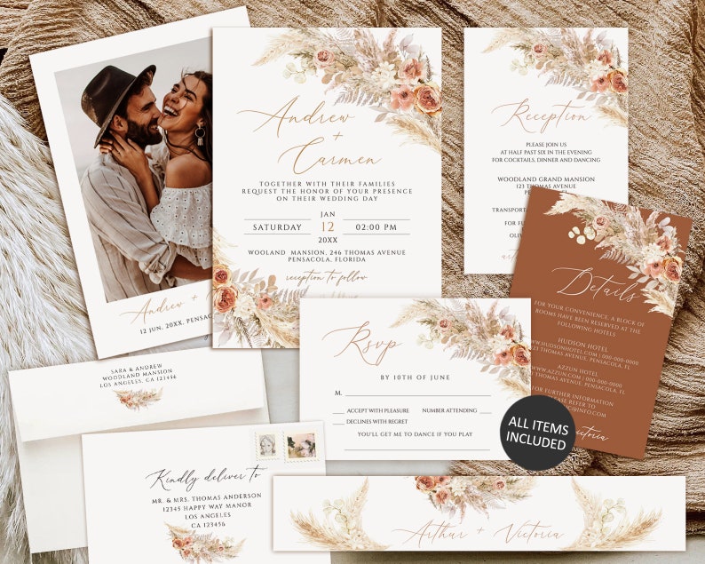 Boho Wedding Invitation Template, Pampas grass Wedding Invitation set, Modern Wedding Invite, Photo Wedding Invitation, boho wedding suite image 1