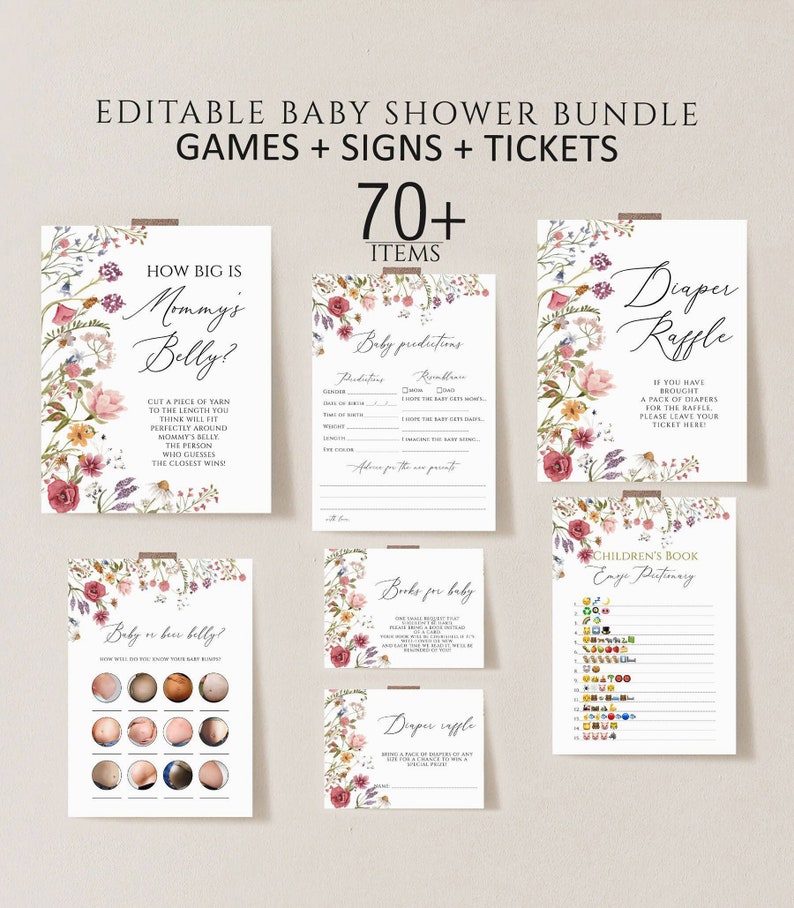 K&ouml;nnte beinhalten: Druckbarer Babyparty-Spiel- und Schild-Paket mit floralen Designs. Das Paket beinhaltet Spiele wie "Wie gro&szlig; ist Mamas Bauch?" und "Baby oder Bierbauch?" sowie Schilder f&uuml;r eine Windeltombola und ein Kinderbuch-Ratespiel.