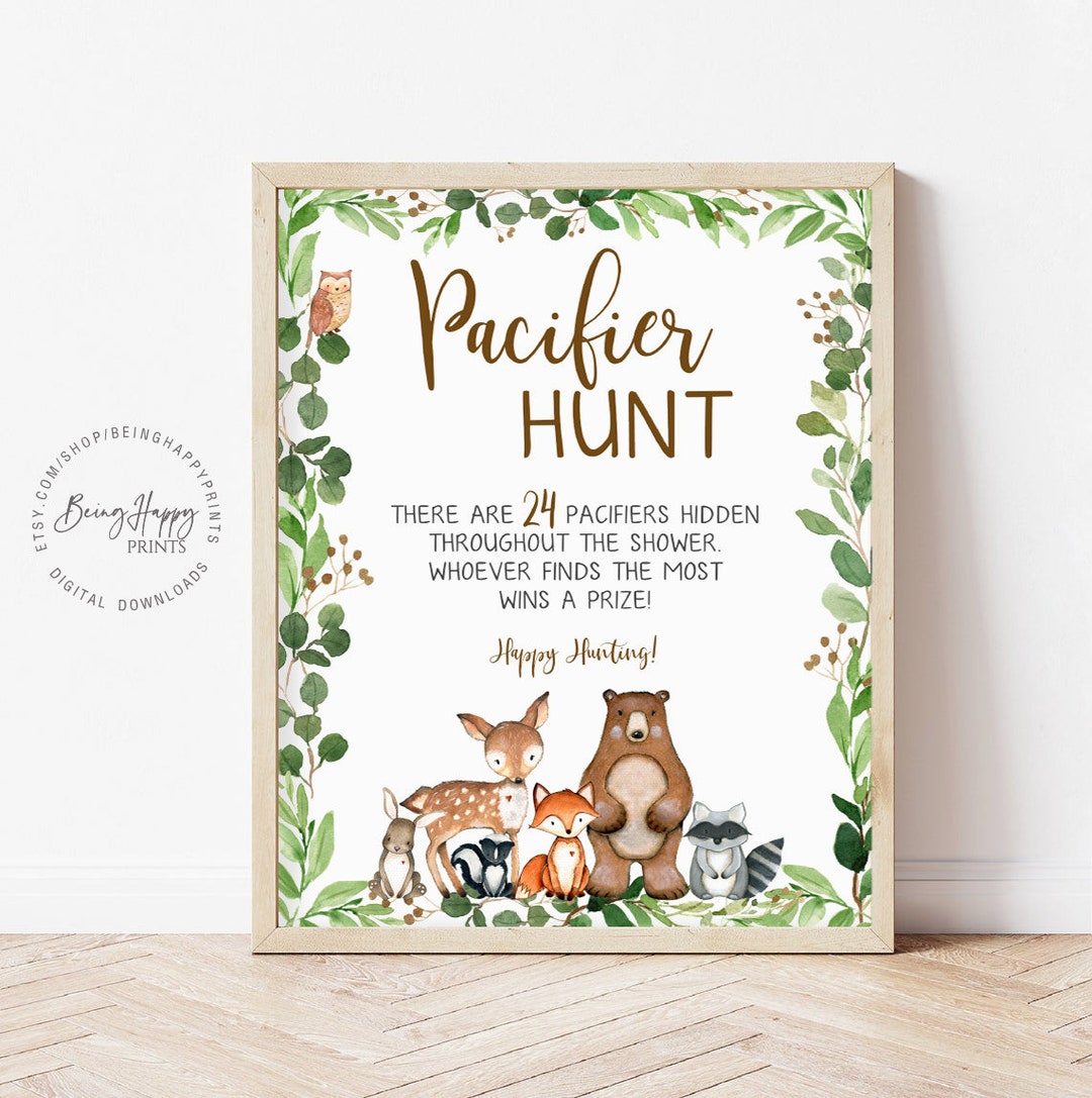 Pacifier Hunt Sign Woodland Baby Shower Games Printable Find the ...