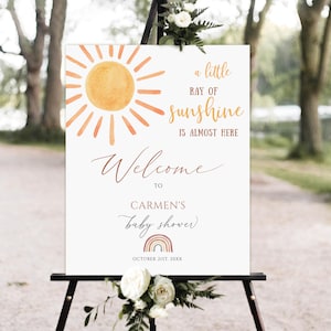 Sonnenschein-Babyparty-Willkommensschild-Vorlage, ein kleiner Sonnenstrahl Bearbeitbares Willkommensschild, Boho Regenbogen-Sonnenschein-Babyparty-Willkommensschild