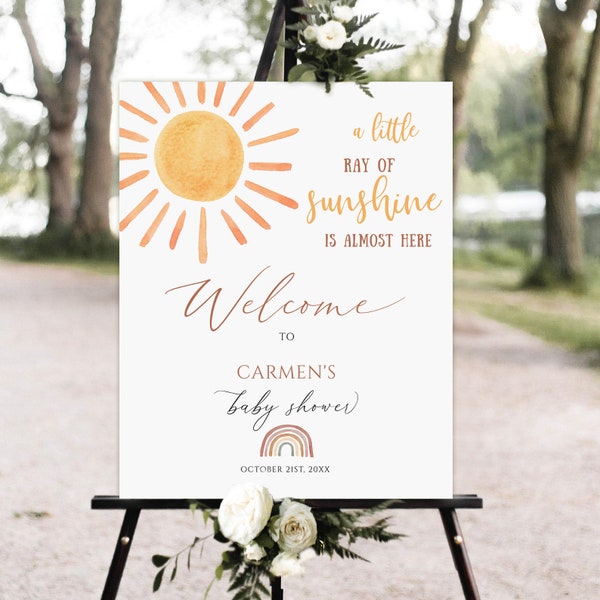 Sunshine Baby Shower Welcome Sign Template, A Little Ray Of Sunshine Editable Welcome Sign , Boho Rainbow Sunshine Baby Shower Welcome Sign