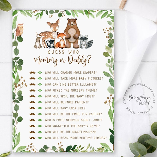 Mommy or Daddy Game, Woodland Baby Shower Game, Printable Baby Shower Games, Woodland Animals Baby Shower, Greenery, Gender Neutral